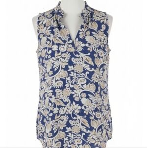 SJS Blue and White Floral Brocade Sleeveless Blouse Size Medium